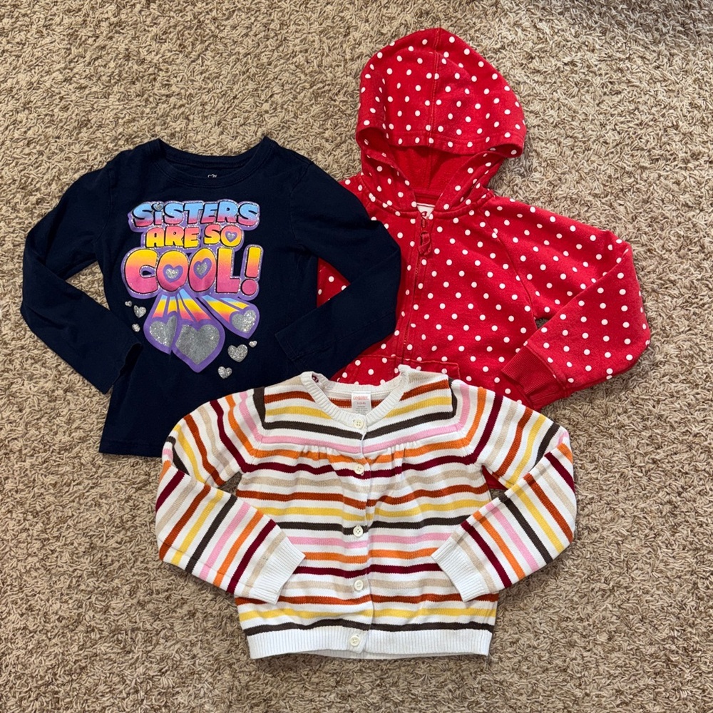 Size 5/6 girls bundle of 3 tops - 1 hooded zip up, 1 long sleeve T, 1 cardigan.